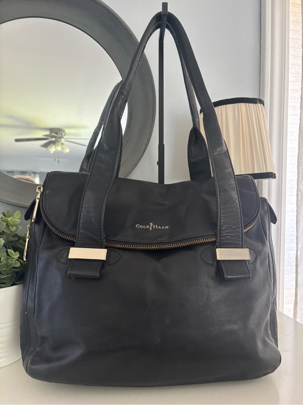 Cole Haan Black Leather Shoulder Satchel with Gold Accents